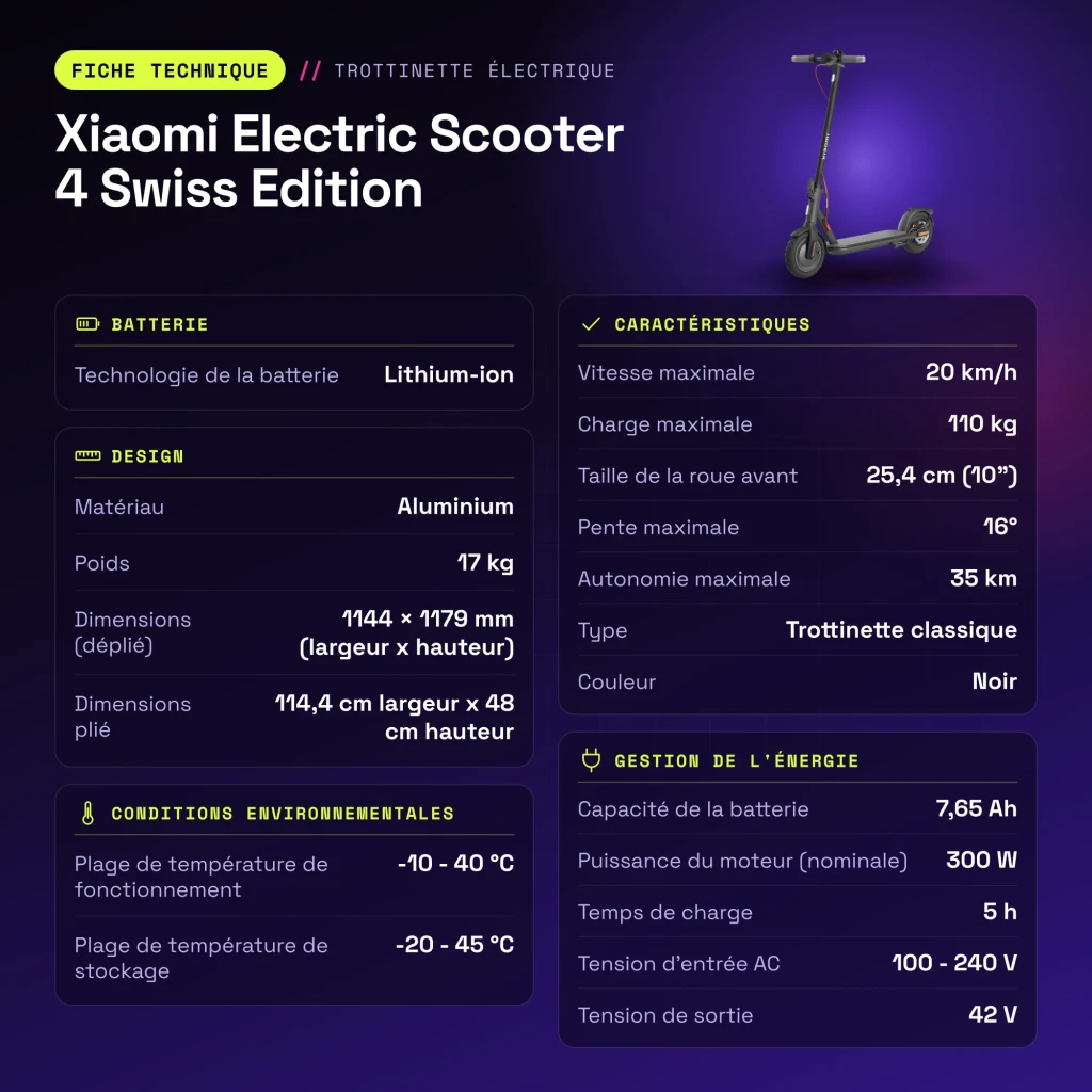 Trottinette Électrique Xiaomi Electric Scooter 4 Swiss Edition 300W 35km 20km/h 10 pouces Noir - caractéristiques