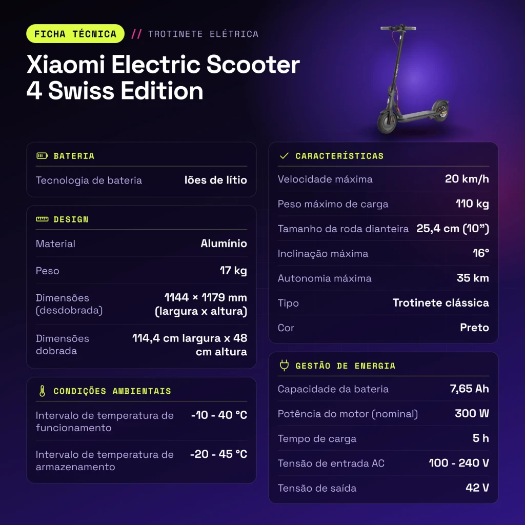 Trottinette Électrique Xiaomi Electric Scooter 4 Swiss Edition 300W 35km 20km/h 10 pouces Noir - caractéristiques