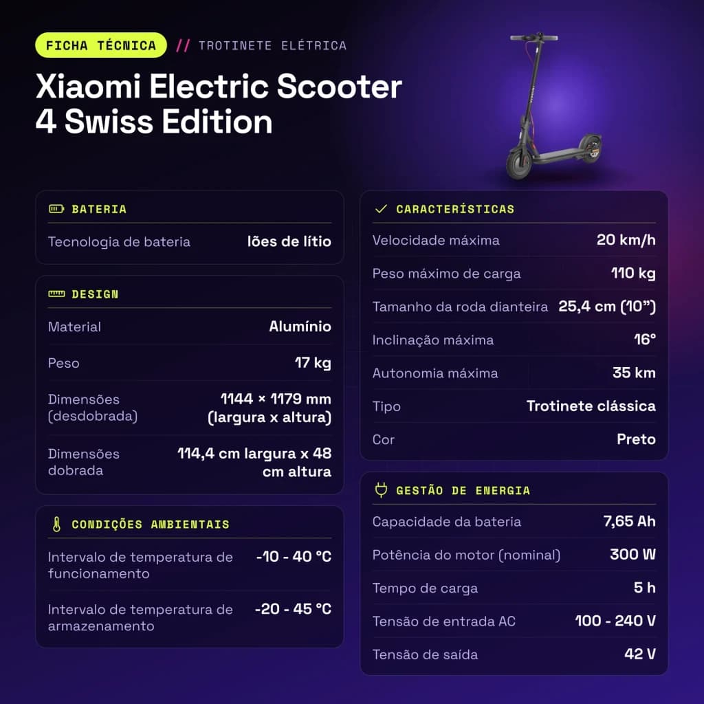 Trottinette Électrique Xiaomi Electric Scooter 4 Swiss Edition 300W 35km 20km/h 10 pouces Noir - caractéristiques