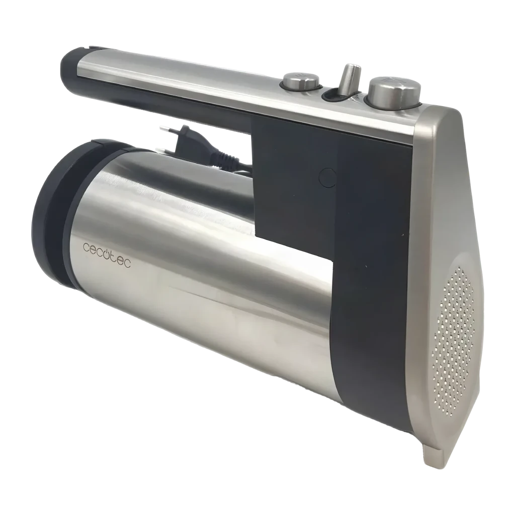 Batedeira de varas Cecotec PowerTwist 500 Full Steel 500W Preto, vista traseira: corpo em aço inoxidável, grelha