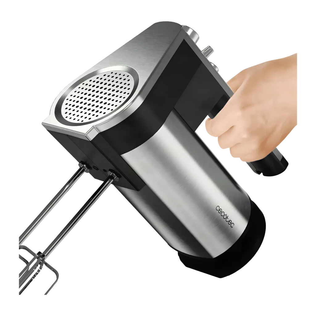 Batedeira de varas Cecotec PowerTwist 500 Full Steel 500W Preto, detalhe: mão segurando o cabo de aço inoxidável com varas