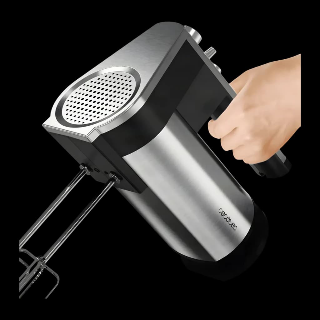 Batedeira de varas Cecotec PowerTwist 500 Full Steel 500W Preto, detalhe: mão segurando o cabo de aço inoxidável com varas
