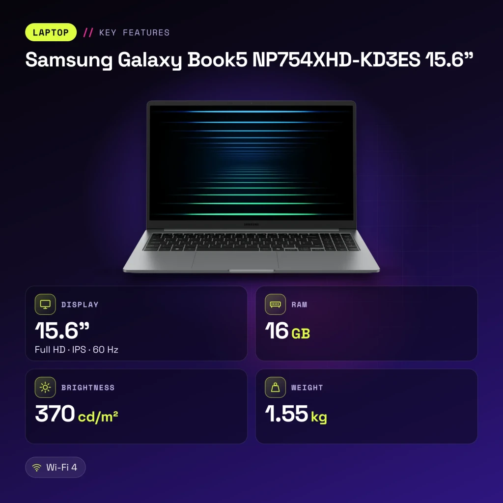 PC portable Samsung Galaxy Book5 15,6 pouces 16 Go/512 Go SSD FHD IPS Intel Core Ultra 7 255U NVMe Windows 11 Pro Gris NP754XHD-KD3ES - caractéristiques