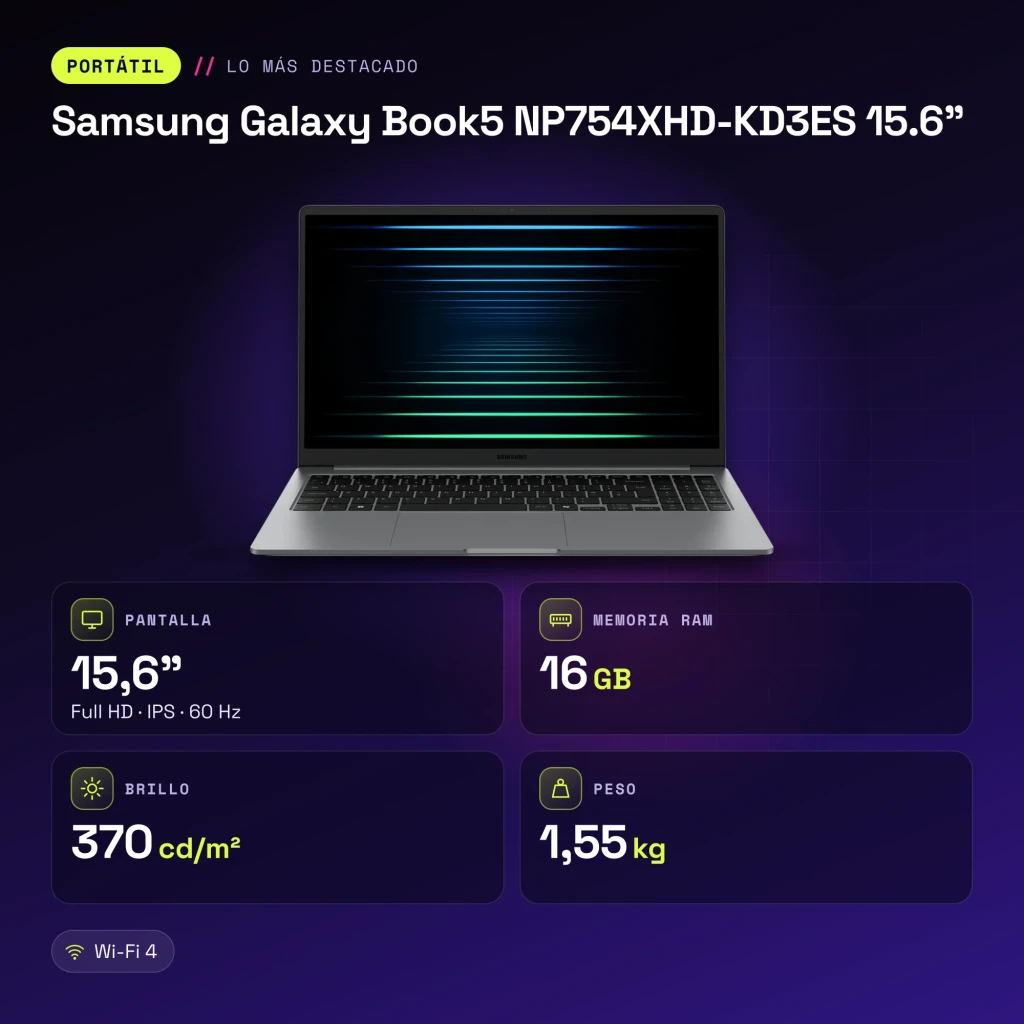 PC portable Samsung Galaxy Book5 15,6 pouces 16 Go/512 Go SSD FHD IPS Intel Core Ultra 7 255U NVMe Windows 11 Pro Gris NP754XHD-KD3ES - caractéristiques