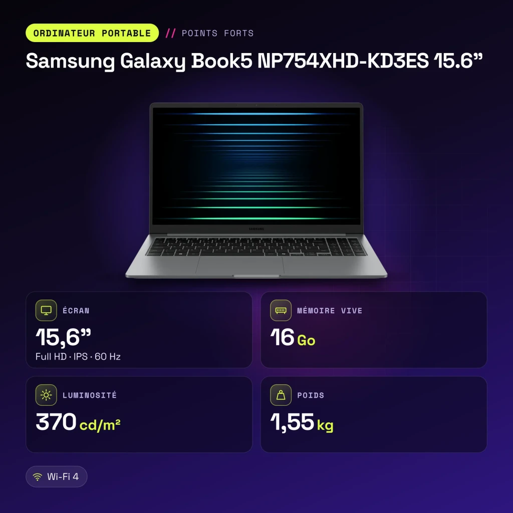 PC portable Samsung Galaxy Book5 15,6 pouces 16 Go/512 Go SSD FHD IPS Intel Core Ultra 7 255U NVMe Windows 11 Pro Gris NP754XHD-KD3ES - caractéristiques
