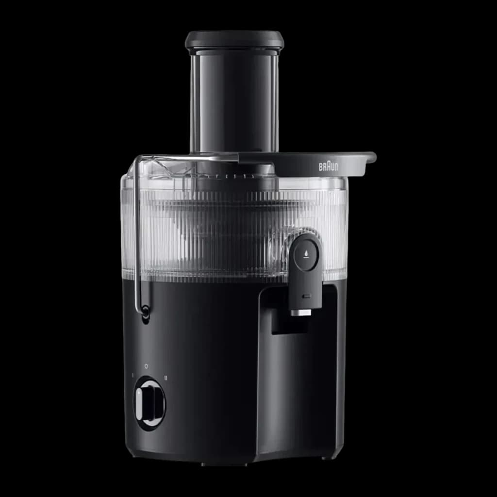 Centrifugeuse Braun MultiJuice 5 SJ5000 800W 2L jus Noir, vue de face: corps noir mat, bol transparent, tube d'alimentation