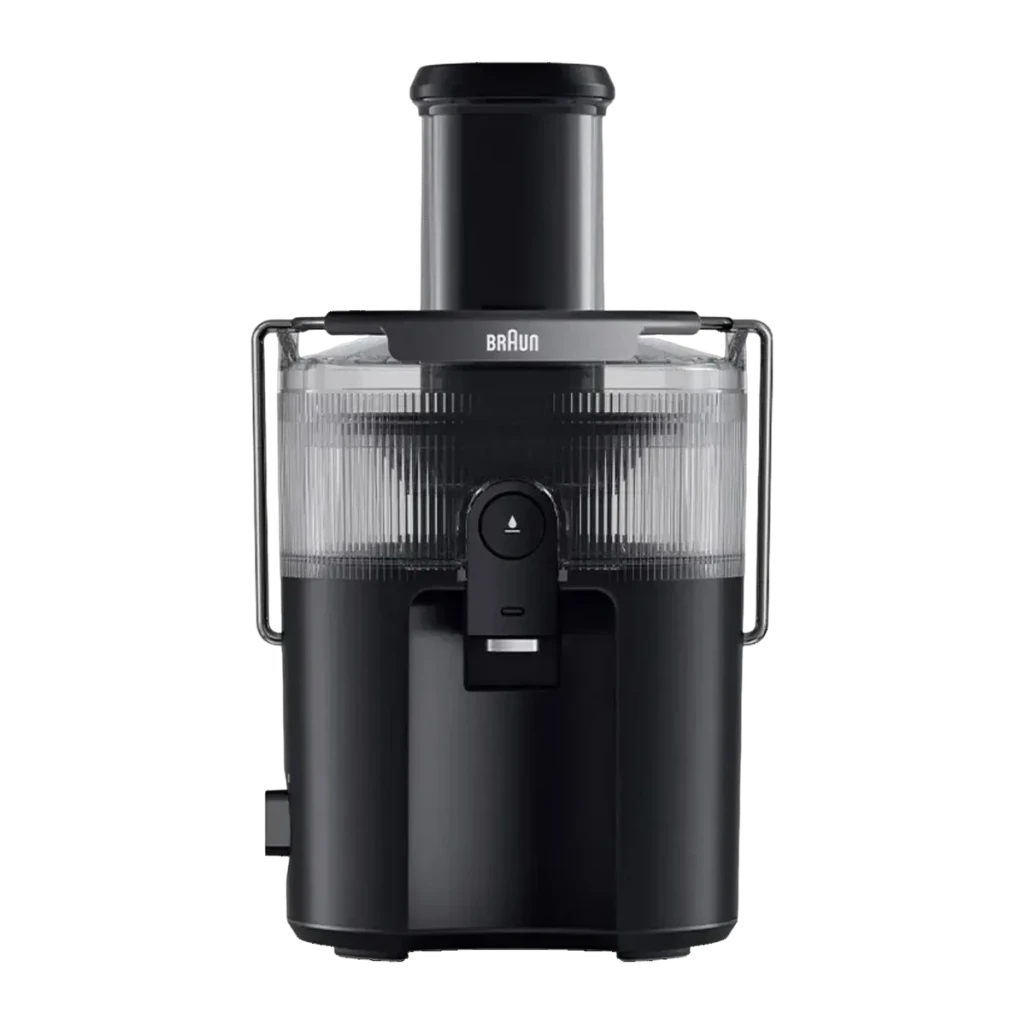 Centrifugeuse Braun MultiJuice 5 SJ5000 800W 2L jus Noir, détail face avant: couvercle transparent nervuré, goulotte