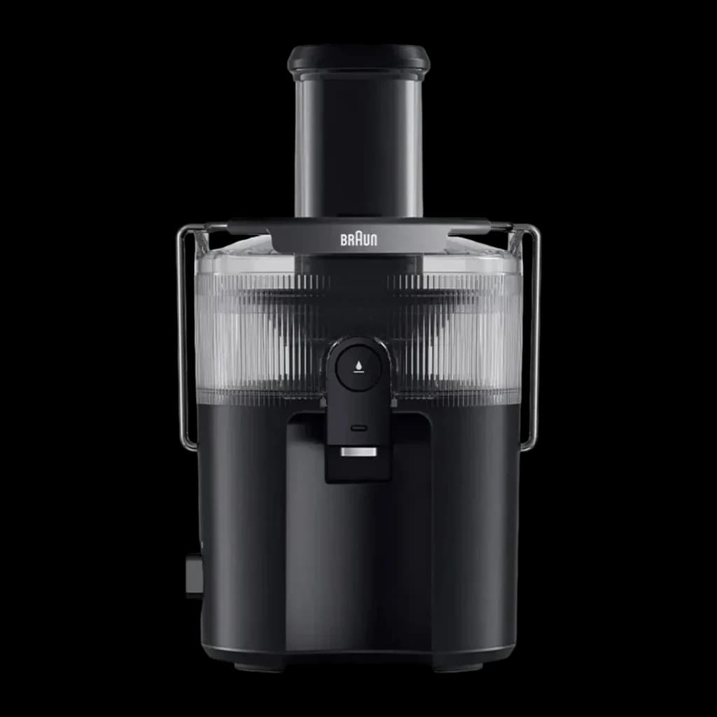 Centrifugeuse Braun MultiJuice 5 SJ5000 800W 2L jus Noir, détail face avant: couvercle transparent nervuré, goulotte
