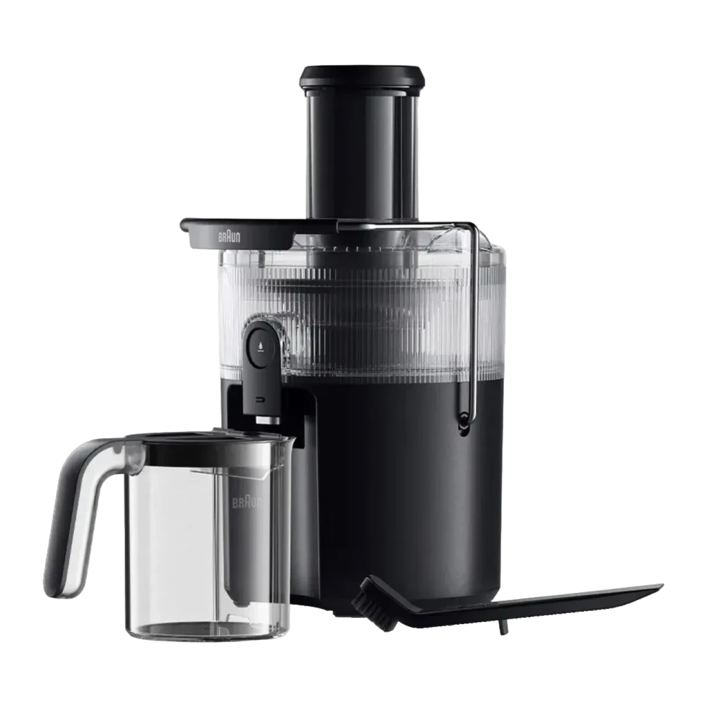 Centrifugeuse Braun MultiJuice 5 SJ5000 800W 2L jus Noir, détail: pichet transparent, brosse de nettoyage et corps