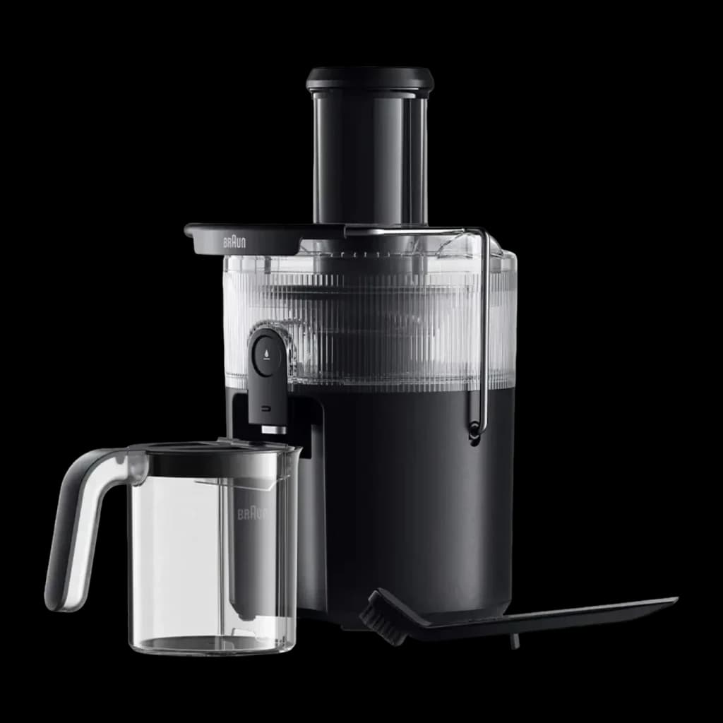 Centrifugeuse Braun MultiJuice 5 SJ5000 800W 2L jus Noir, détail: pichet transparent, brosse de nettoyage et corps
