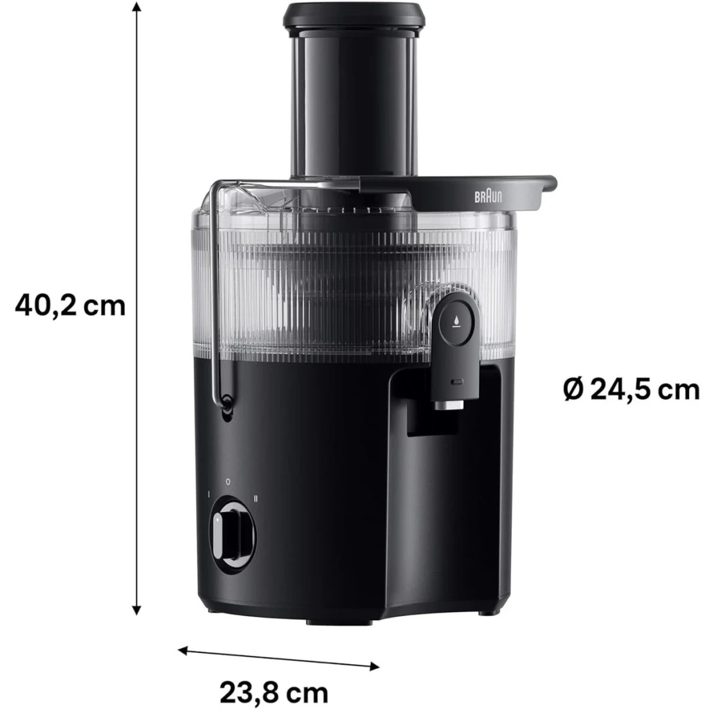 Centrifugeuse Braun MultiJuice 5 SJ5000 800W 2L jus Noir, vue de face avec dimensions: hauteur 40,2cm, diamètre 24,5cm