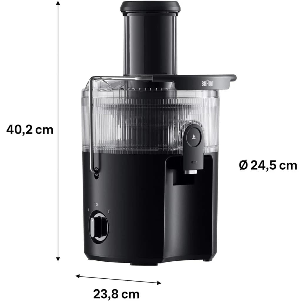 Centrifugeuse Braun MultiJuice 5 SJ5000 800W 2L jus Noir, vue de face avec dimensions: hauteur 40,2cm, diamètre 24,5cm