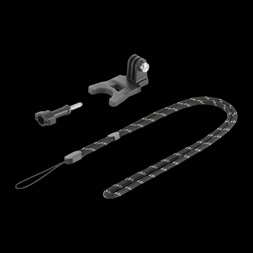 Suporte de Mordida DJI Osmo Action Bite Mount Preto, vista frontal: suporte, parafuso adaptador e cordão trançado preto