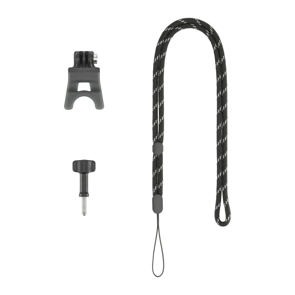 Suporte de Mordida DJI Osmo Action Bite Mount Preto, detalhe: adaptador de montagem, parafuso manual e cordão trançado