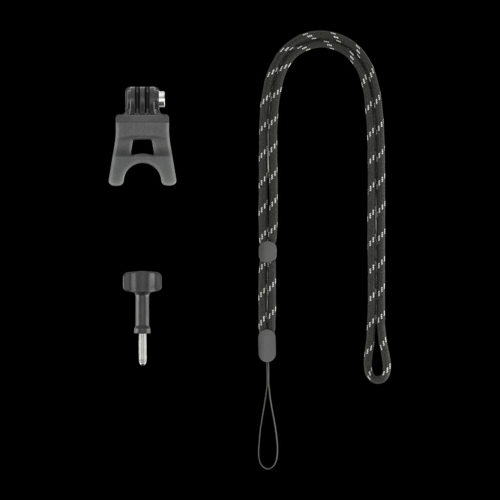 Suporte de Mordida DJI Osmo Action Bite Mount Preto, detalhe: adaptador de montagem, parafuso manual e cordão trançado