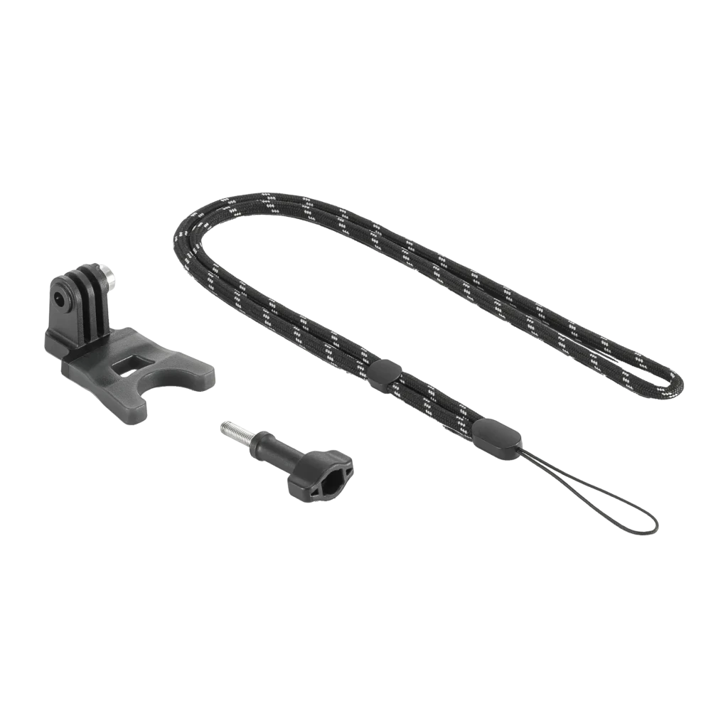 Suporte de Mordida DJI Osmo Action Bite Mount Preto, detalhe: peça de mordida, parafuso e cordão de segurança trançado preto