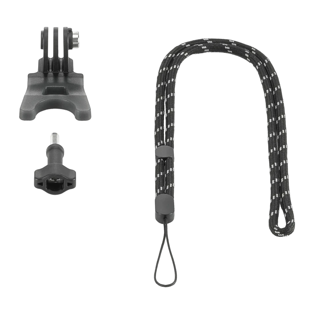 Suporte de Mordida DJI Osmo Action Bite Mount Preto, detalhe: bocal, parafuso de ajuste e cordão de segurança trançado preto