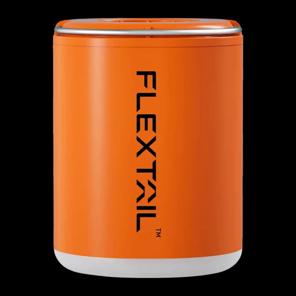 Bomba Portátil Flextail Tiny Pump 2X Laranja USB-C 400lm (3 níveis), vista frontal: corpo cilíndrico laranja com logo
