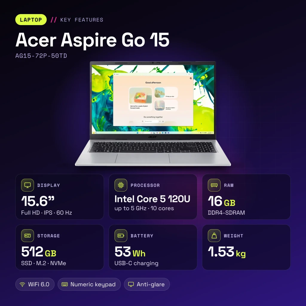Portátil Acer Aspire Go 15 16GB/512GB 15,6 pulgadas FHD IPS Intel Core 5-120U NVMe PCIe 4.0 M.2 Windows 11 Home Plata AG15-72P-50TD - características