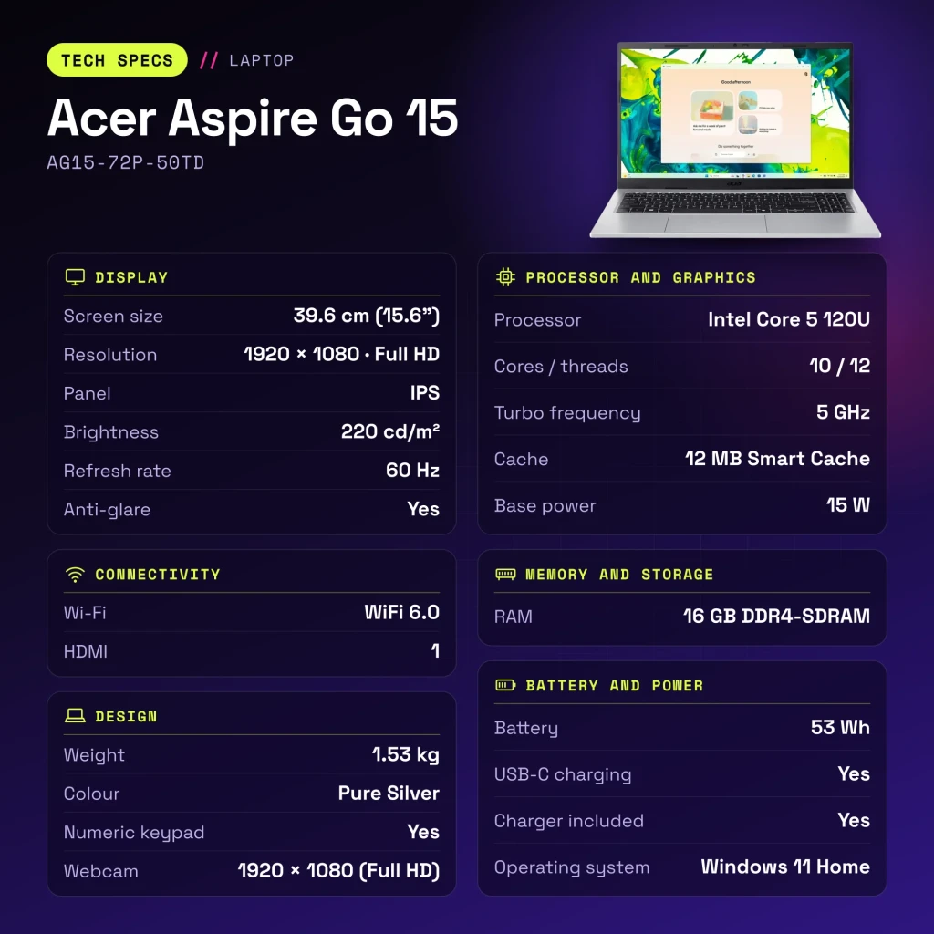 Portátil Acer Aspire Go 15 16GB/512GB 15,6 pulgadas FHD IPS Intel Core 5-120U NVMe PCIe 4.0 M.2 Windows 11 Home Plata AG15-72P-50TD - características