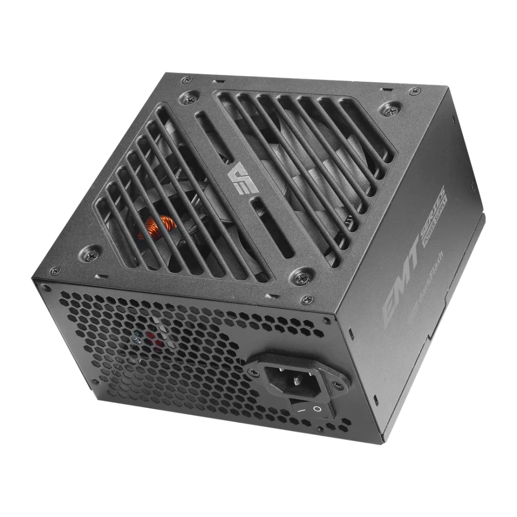 Bloc d'alimentation Darkflash non modulaire 850W 80 Plus Bronze Noir EMT850, détail: vue en perspective supérieure
