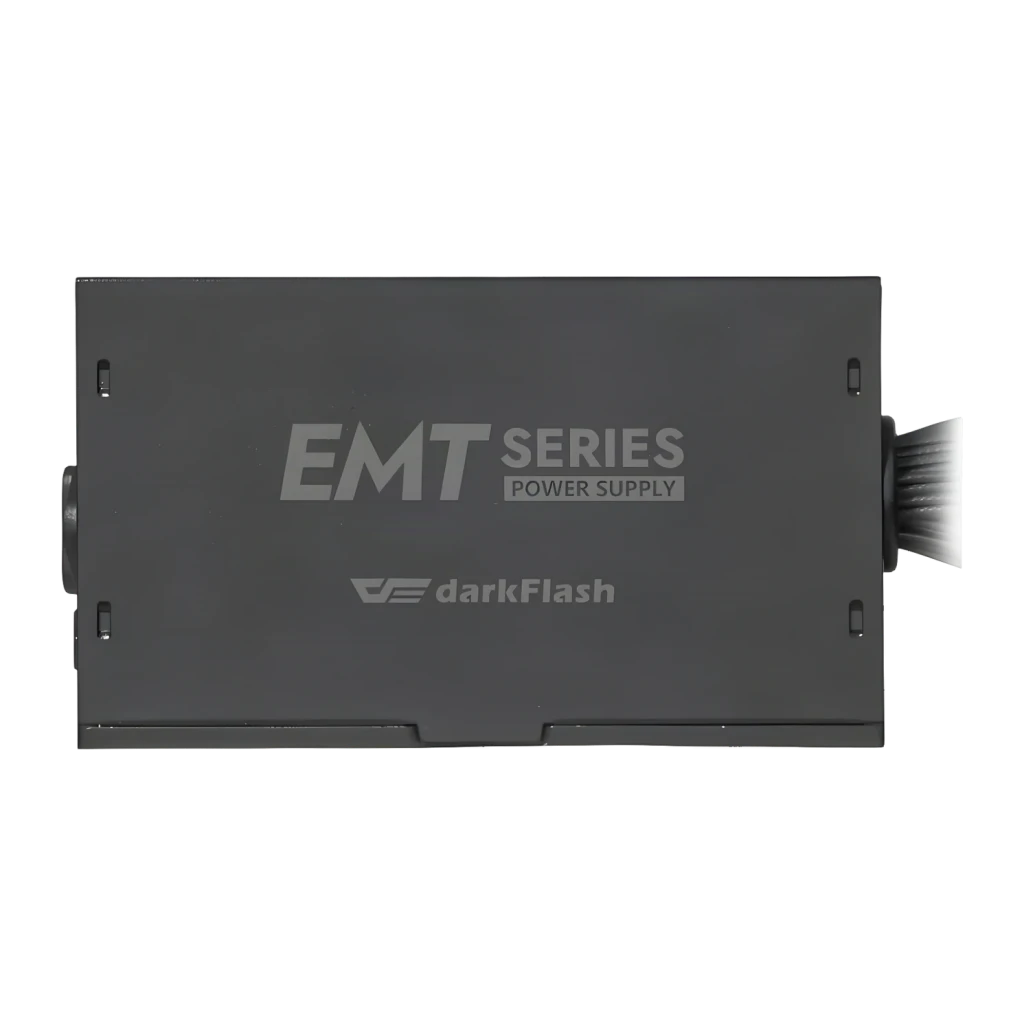Bloc d'alimentation Darkflash non modulaire 850W 80 Plus Bronze Noir EMT850, détail: panneau latéral avec logo EMT Series