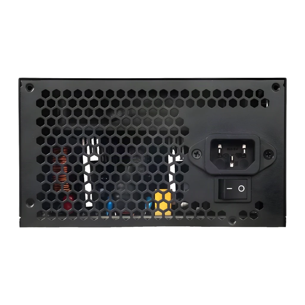 Bloc d'alimentation Darkflash non modulaire 850W 80 Plus Bronze Noir EMT850, vue arrière: grille hexagonale, connecteur IEC