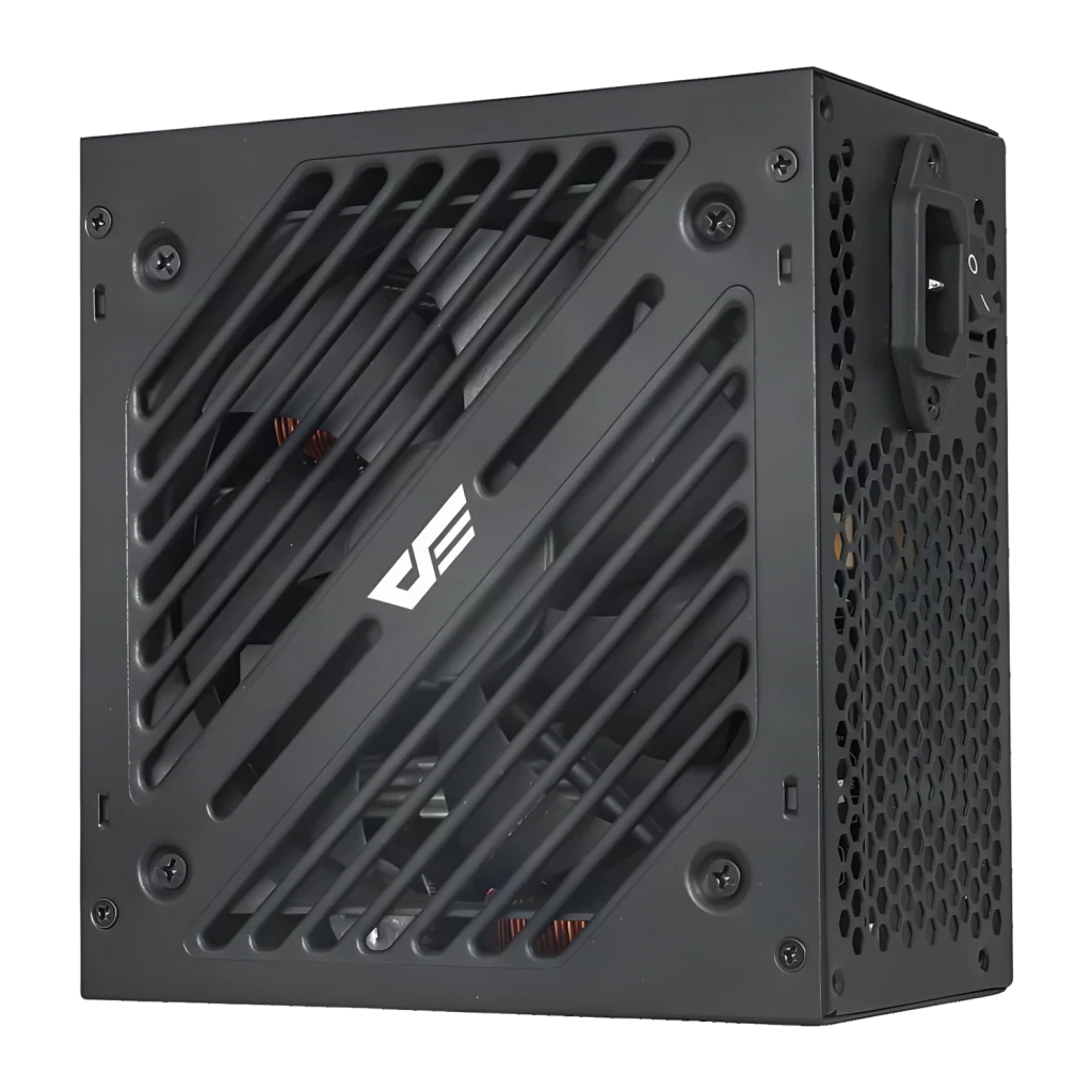 Bloc d'alimentation Darkflash non modulaire 850W 80 Plus Bronze Noir EMT850, détail: grille diagonale avec logo