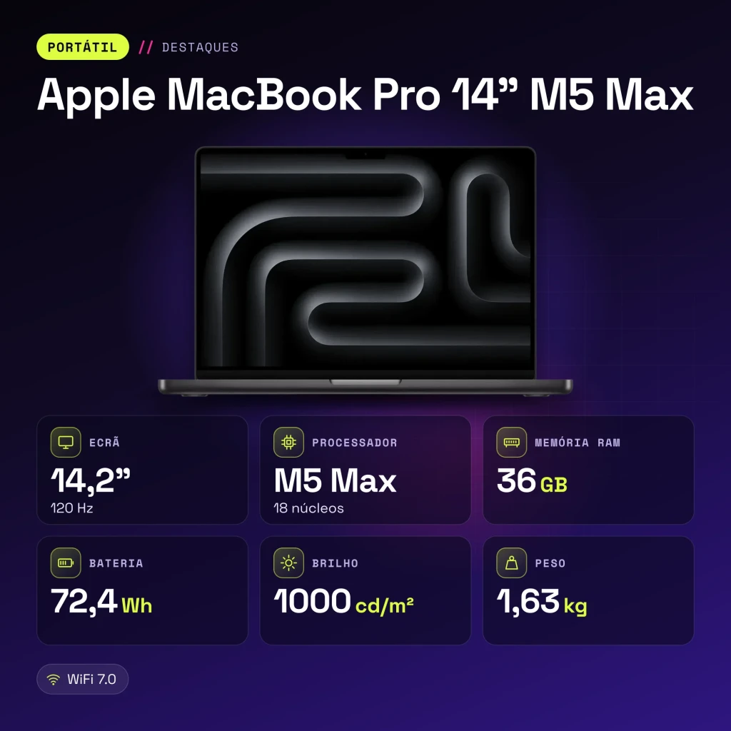 Portátil Apple MacBook Pro 14 polegadas M5 Max 36GB/2TB SSD 14,2 polegadas macOS Tahoe Preto - características