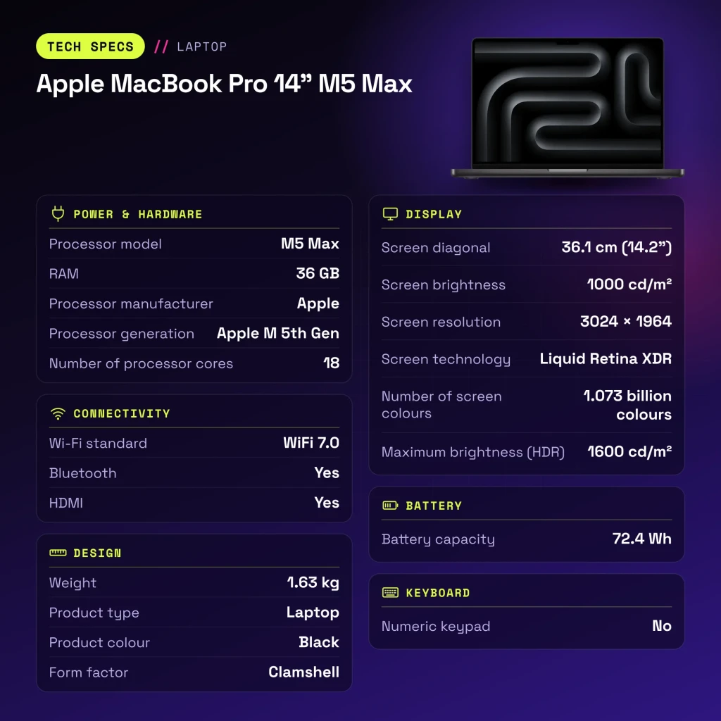 Portátil Apple MacBook Pro 14 polegadas M5 Max 36GB/2TB SSD 14,2 polegadas macOS Tahoe Preto - características