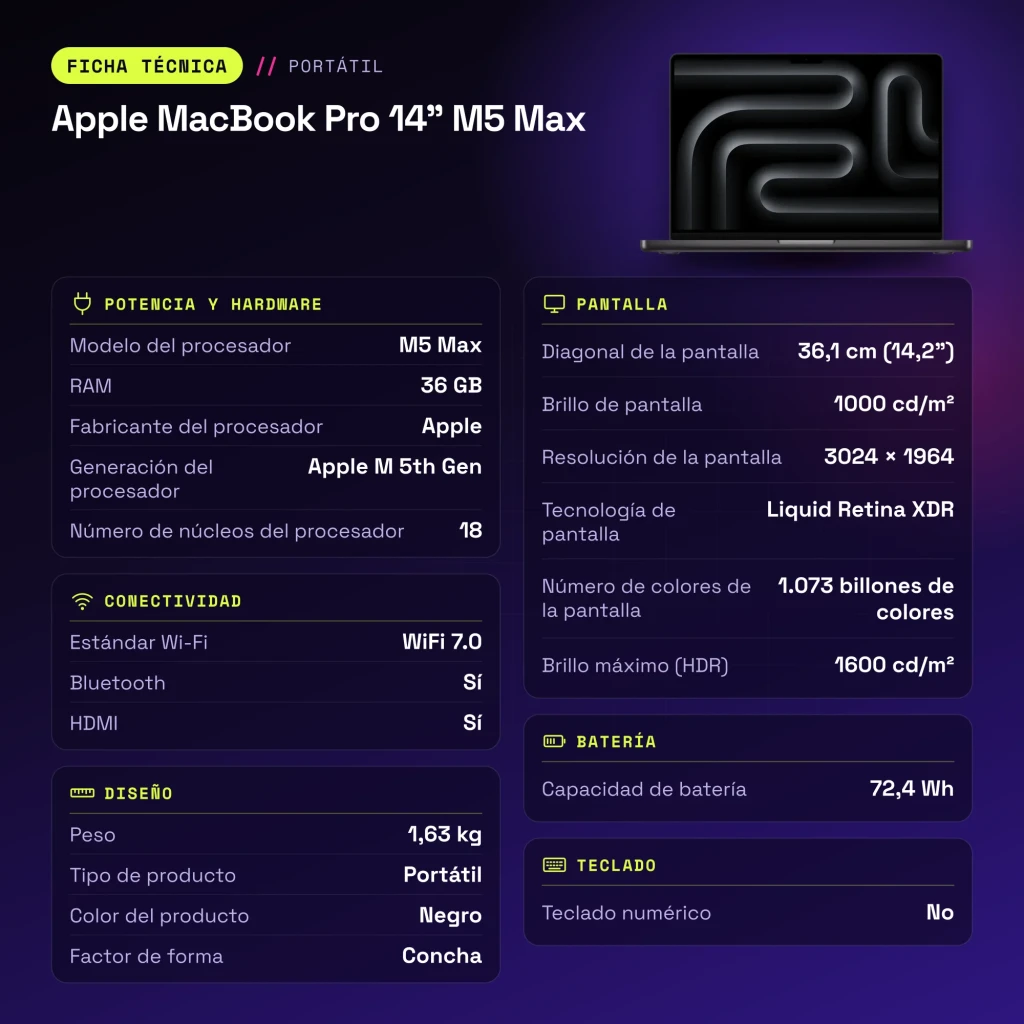 Portátil Apple MacBook Pro 14 polegadas M5 Max 36GB/2TB SSD 14,2 polegadas macOS Tahoe Preto - características