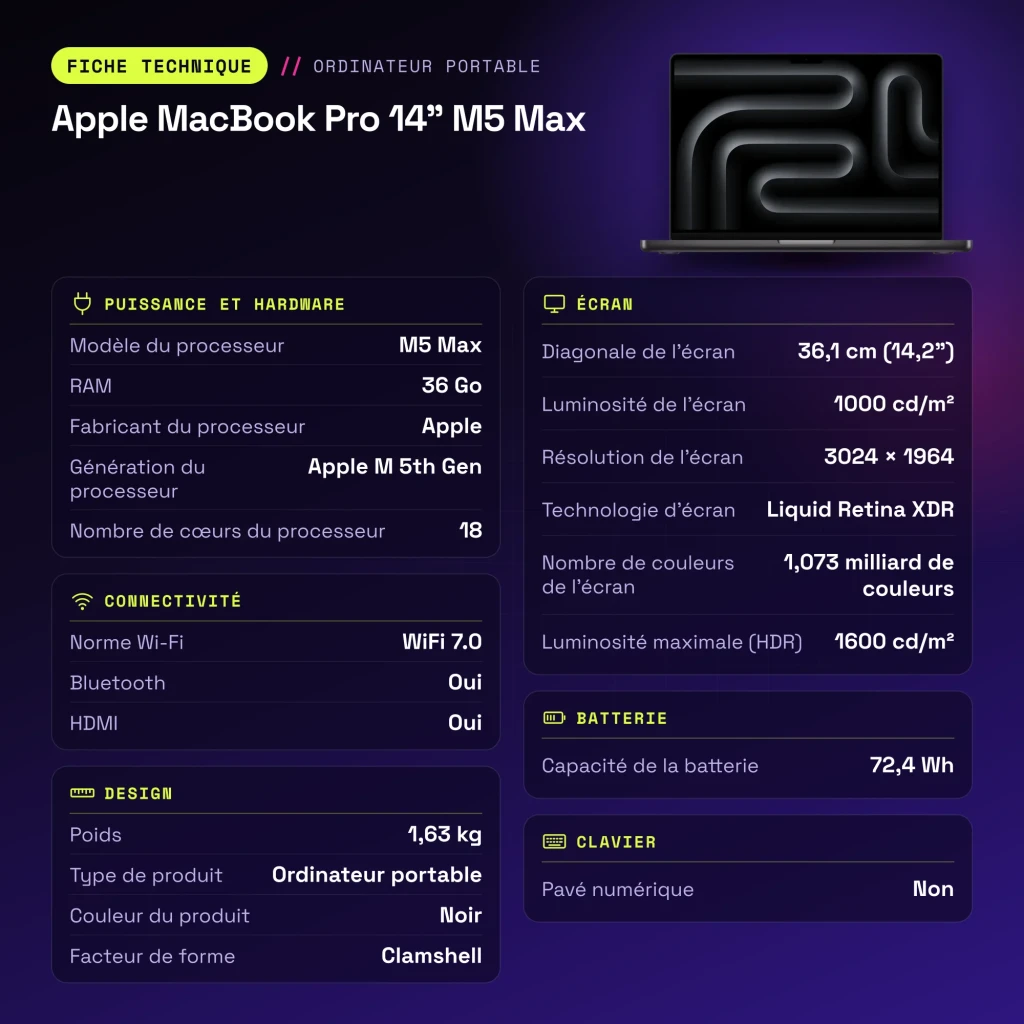 Portátil Apple MacBook Pro 14 polegadas M5 Max 36GB/2TB SSD 14,2 polegadas macOS Tahoe Preto - características