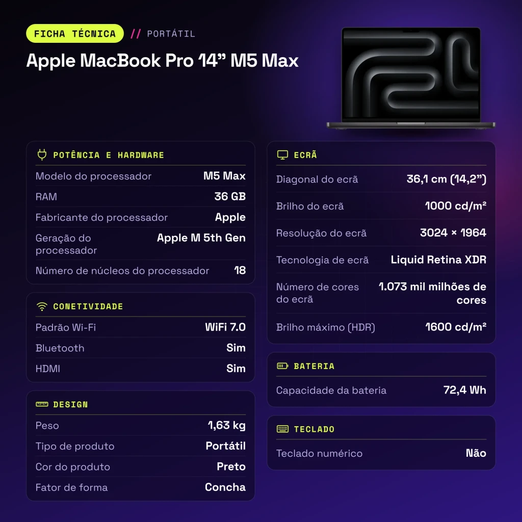 Portátil Apple MacBook Pro 14 polegadas M5 Max 36GB/2TB SSD 14,2 polegadas macOS Tahoe Preto - características