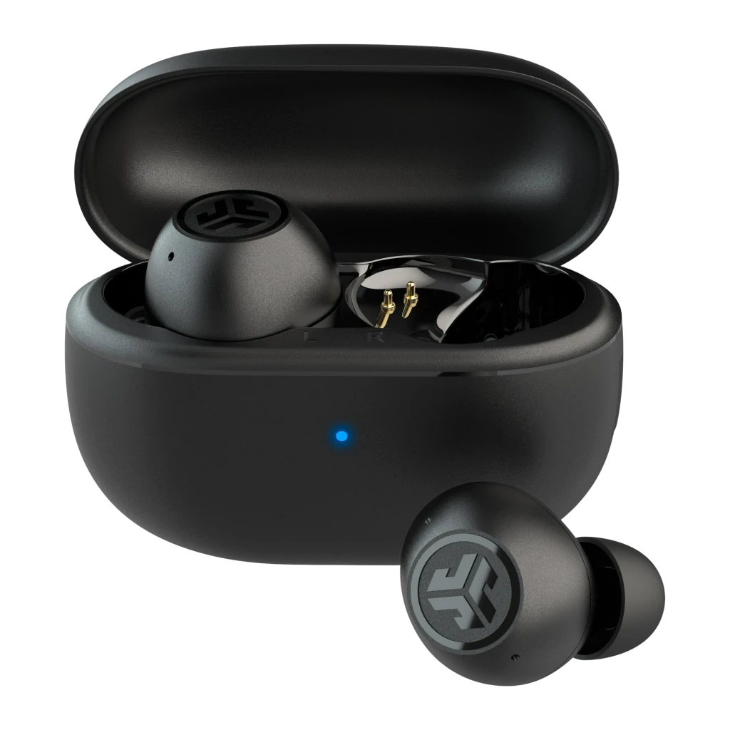 Auriculares JLab Audio Go Pop ANC Cancelación de Ruido TWS Bluetooth 5.3 Negro, detalle: estuche abierto con contactos