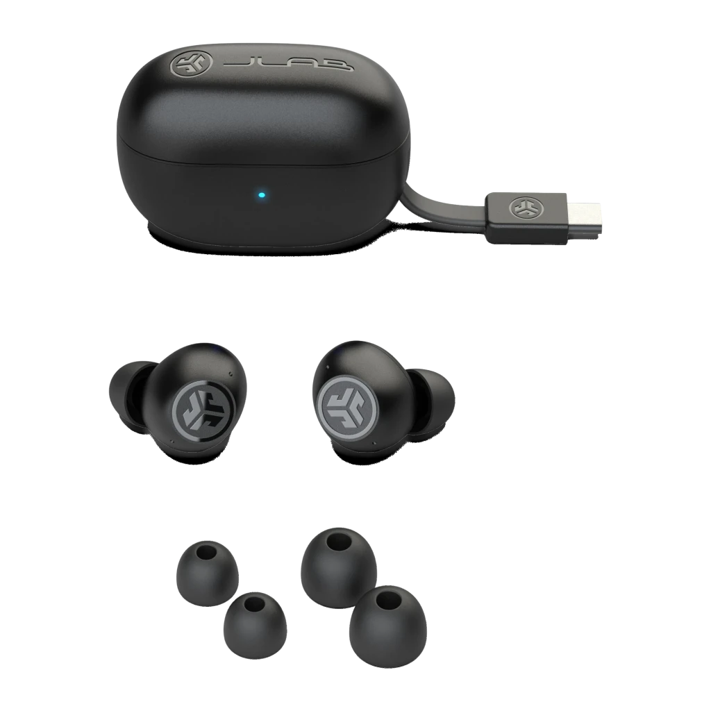 Auriculares JLab Audio Go Pop ANC Cancelación de Ruido TWS Bluetooth 5.3 Negro, detalle: estuche con LED azul y cable USB-C