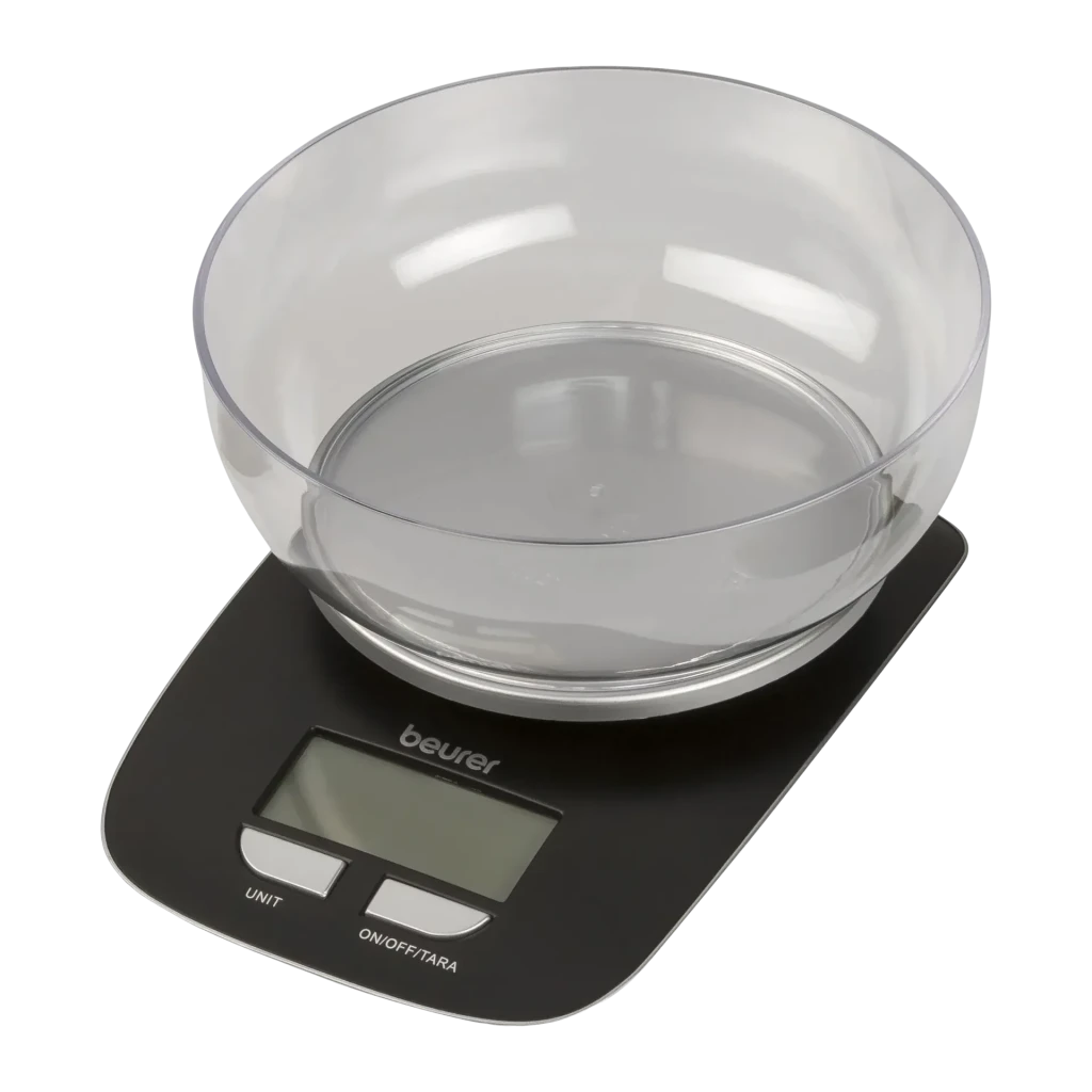 Balança de cozinha Beurer KS 25 3 kg Preto, detalhe: tigela transparente incluída sobre base preta com ecrã LCD e botões
