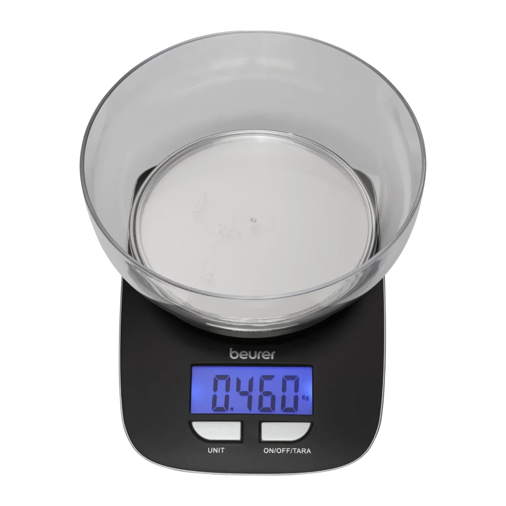 Balança de cozinha Beurer KS 25 3 kg Preto, detalhe: tigela transparente sobre base preta, ecrã LCD azul a mostrar 0.460 kg