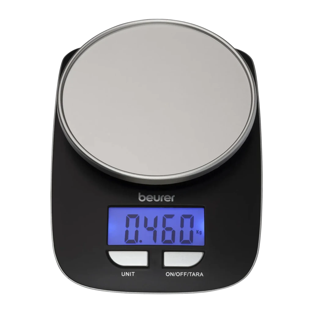 Balança de cozinha Beurer KS 25 3 kg Preto, detalhe: ecrã LCD azul com 0,460 kg e botões UNIT e ON/OFF/TARA
