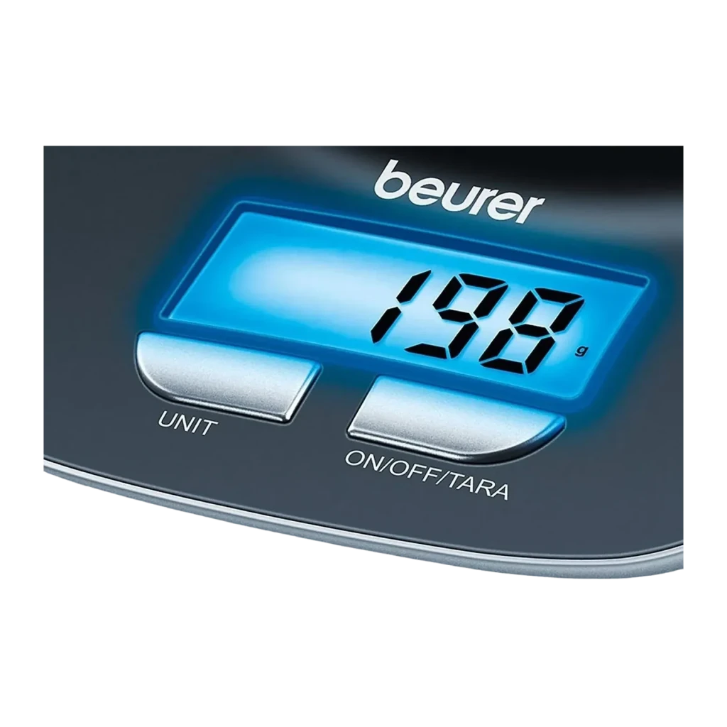 Balança de cozinha Beurer KS 25 3 kg Preto, detalhe: ecrã LCD azul iluminado com 198 g e botões UNIT e ON/OFF/TARA