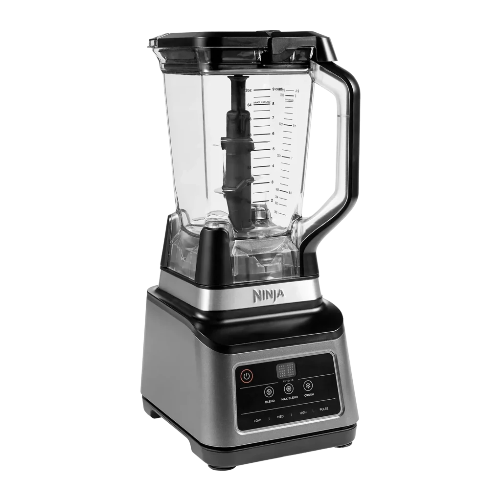 Liquidificador Ninja 2,1L 1200W 3 velocidades Preto BN750EU, vista frontal: copo transparente com escala, base prateada