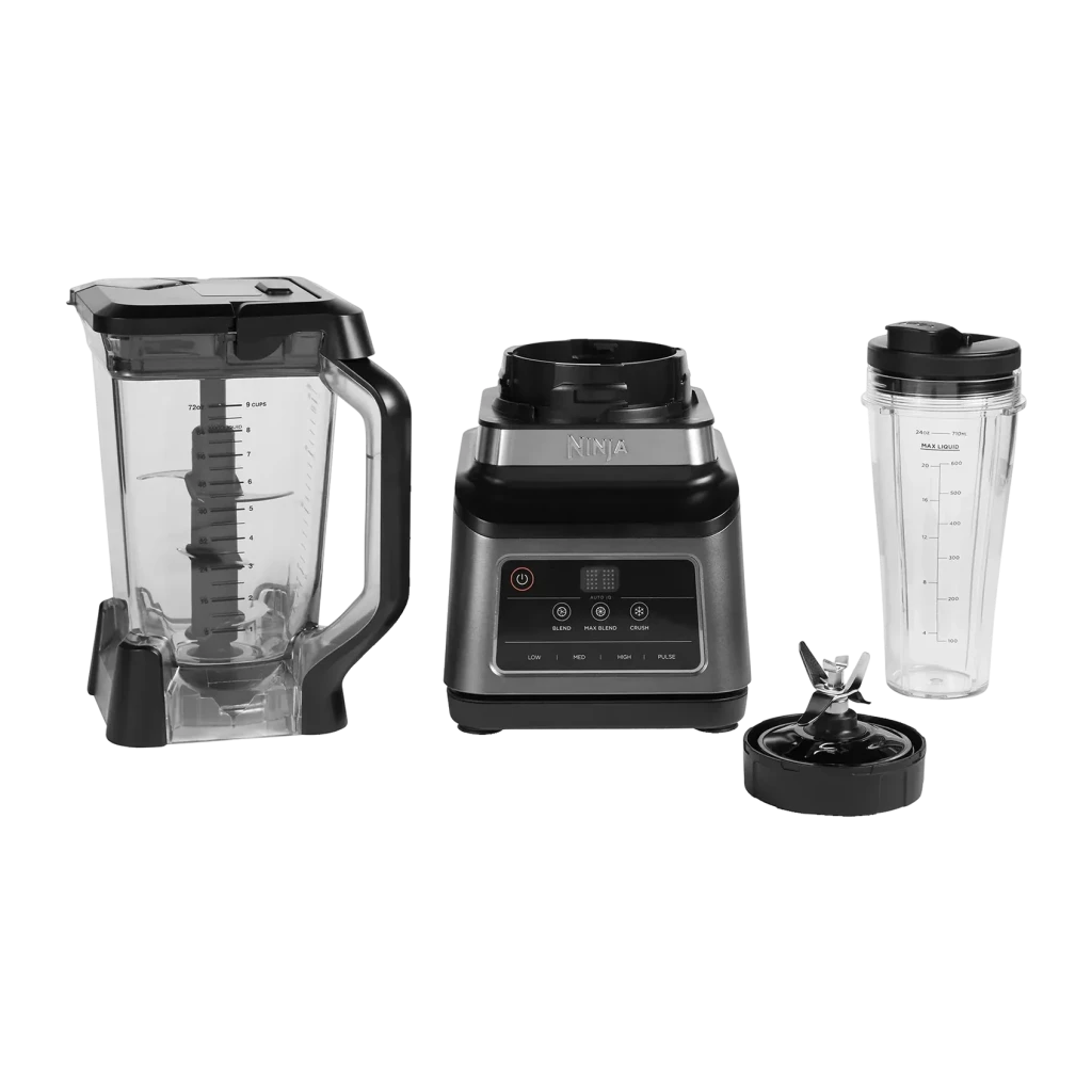 Liquidificador Ninja 2,1L 1200W 3 velocidades Preto BN750EU, detalhe: base, copo 2,1L com lâminas e copo pessoal com tampa