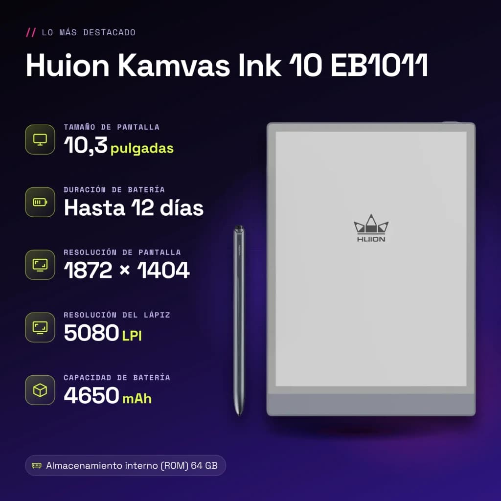Carnet Numérique Huion Kamvas Ink 10 64Go Gris Stylet EMR sans charge 8192 niveaux EB1011 - caractéristiques