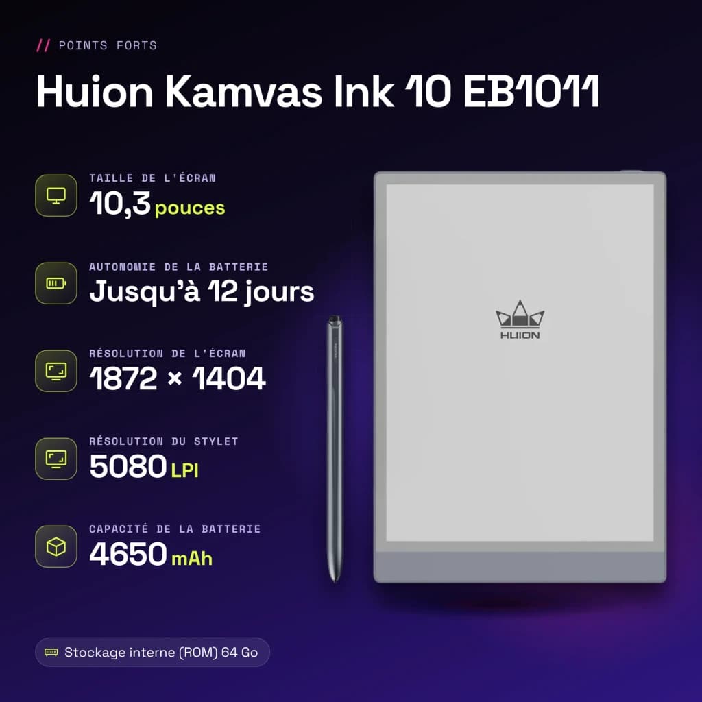 Carnet Numérique Huion Kamvas Ink 10 64Go Gris Stylet EMR sans charge 8192 niveaux EB1011 - caractéristiques