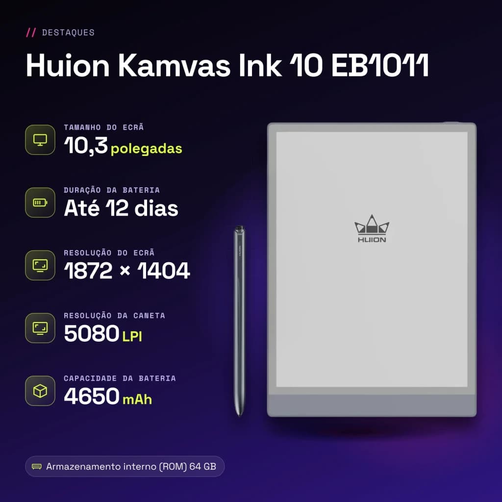 Carnet Numérique Huion Kamvas Ink 10 64Go Gris Stylet EMR sans charge 8192 niveaux EB1011 - caractéristiques
