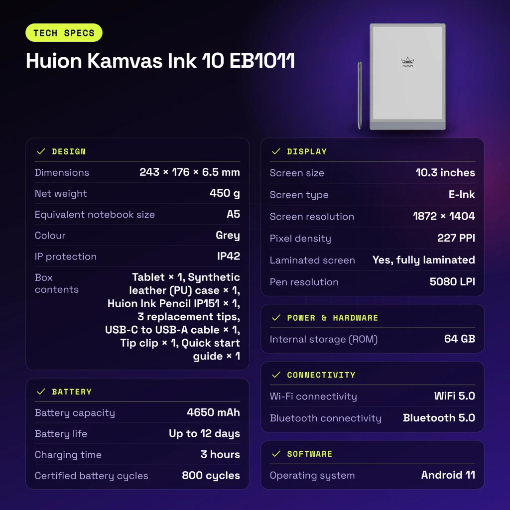 Carnet Numérique Huion Kamvas Ink 10 64Go Gris Stylet EMR sans charge 8192 niveaux EB1011 - caractéristiques