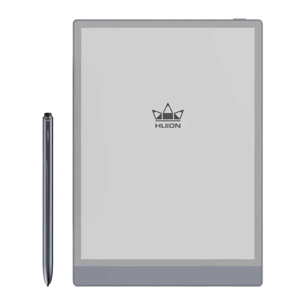 Carnet Numérique Huion Kamvas Ink 10 64Go Gris Stylet EMR sans charge 8192 niveaux EB1011, vue de face: tablette avec logo