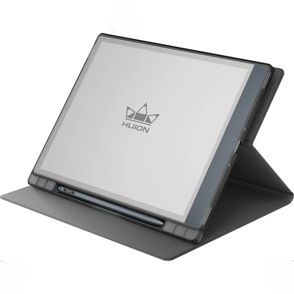 Carnet Numérique Huion Kamvas Ink 10 64Go Gris Stylet EMR sans charge 8192 niveaux EB1011, en utilisation: tablette en étui