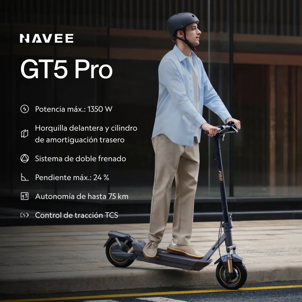 Patinete Eléctrico NAVEE GT5 Pro 600W 75km 20km/h 10 pulgadas Gris Oscuro, lifestyle: hombre con casco montado