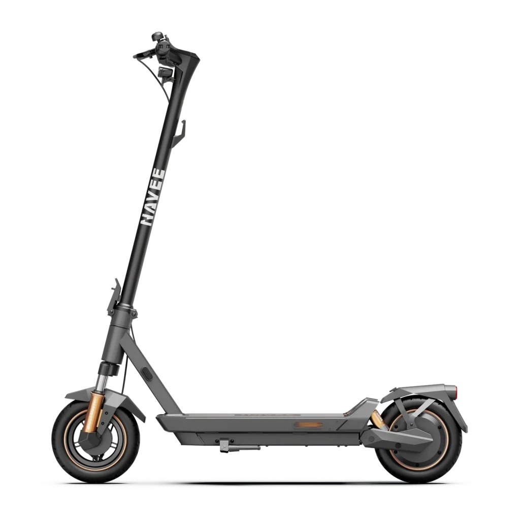 Patinete Eléctrico NAVEE GT5 Pro 600W 75km 20km/h 10 pulgadas Gris Oscuro, detalle lateral: horquilla delantera dorada