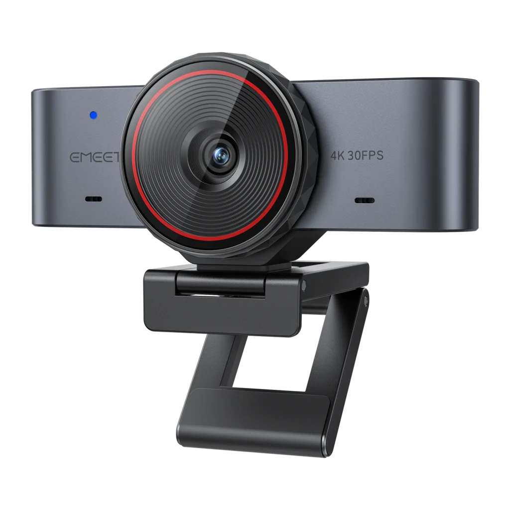 Webcam EMEET SmartCam C960 Ultra 4K 30 images par seconde, Gris, vue avant: objectif à anneau rouge, logo EMEET, LED bleue